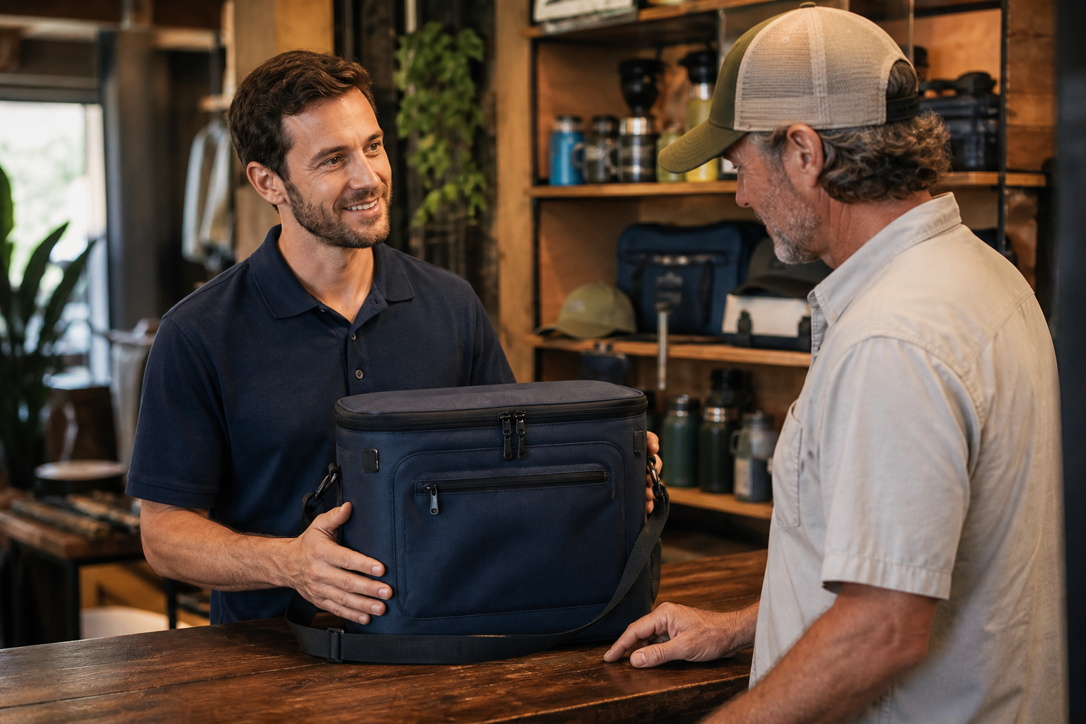 A local representative introducing a lake-day cooler to an Austin retailer