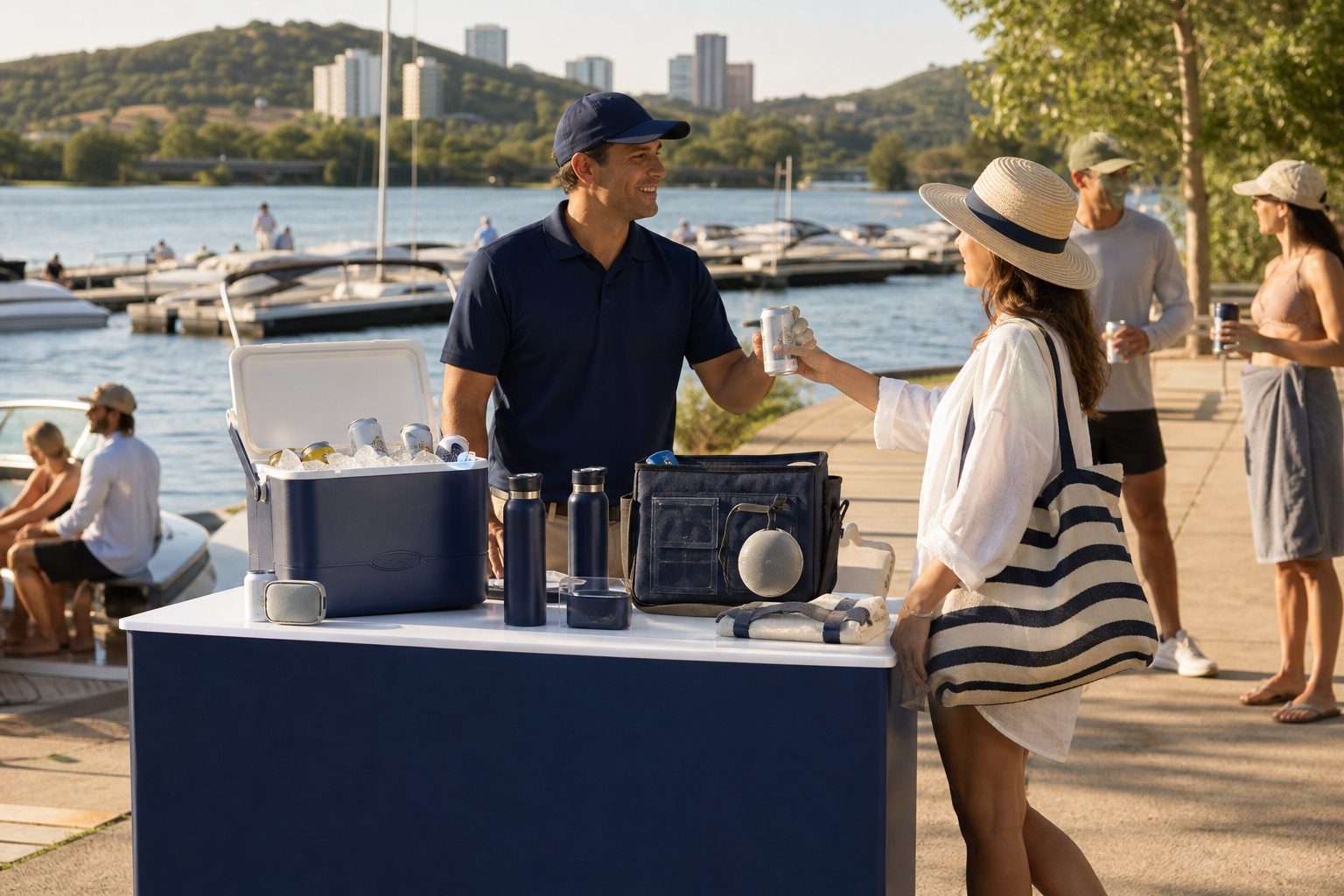 A local representative sampling lake-day products with Austin weekenders at a marina