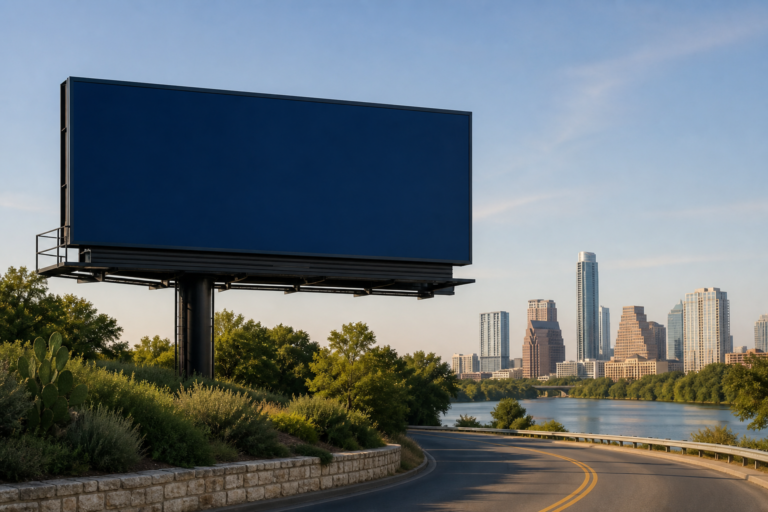 A local Lake Life ATX billboard beside an Austin lakeside road